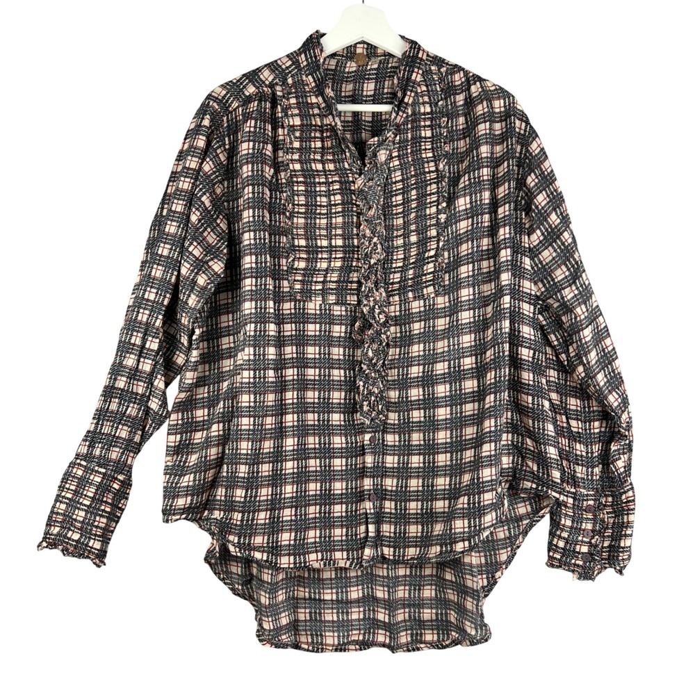 Free‎ People Plaid Button Down Shirt Ruffled Front Long Sleeve Women's